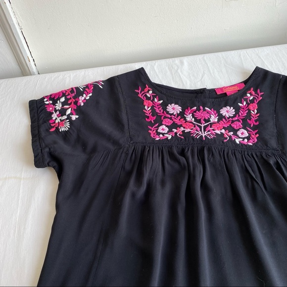 Catherine Malandrino Floral Embroidered Pink on Black Popover Dress - Picture 9 of 16